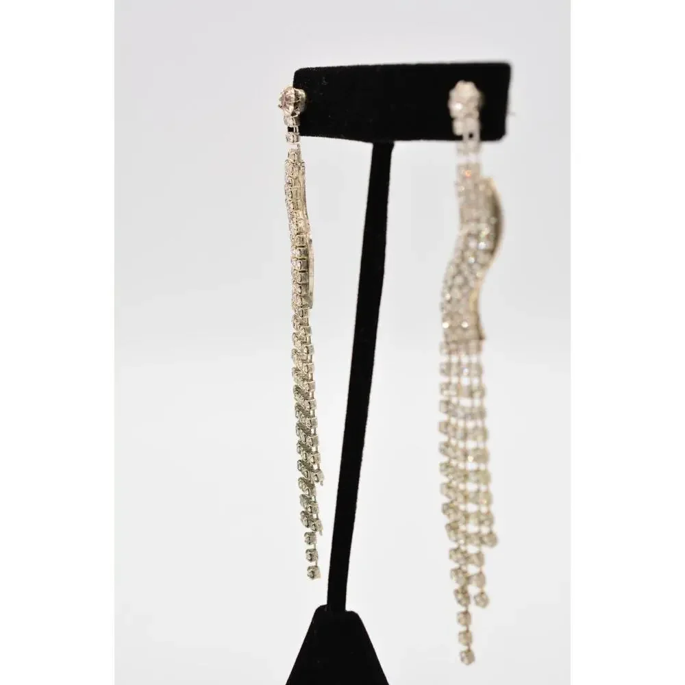 Vintage Dangle Earrings Rhinestone Crystal Fringe Chain Prong Silver 1980s 9L